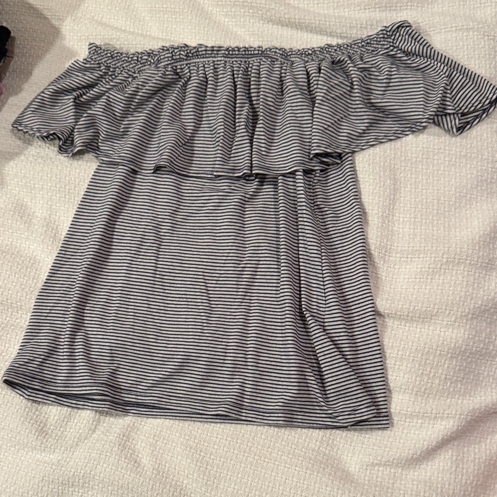 Abercrombie & Fitch Navy and White Striped Off The Shoulder Top